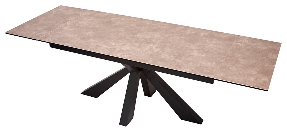 Раздвижной стол из стекла и керамики на металлическом каркасе. Цвет мокко.