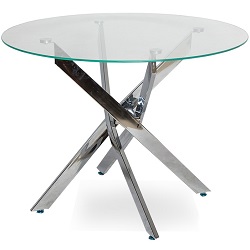 Круглый стол на скрещенных металлических опорах. Столешница из прозрачного стекла.
