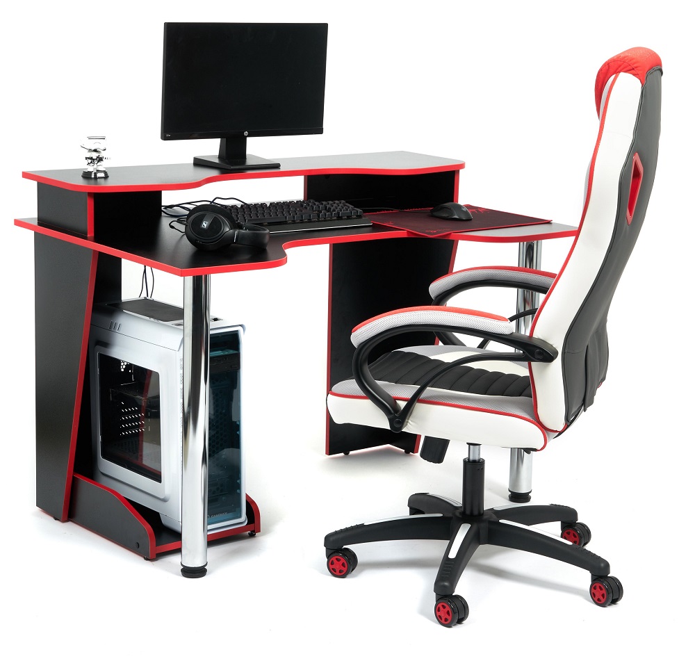 Компьютерный стол с надстройкой. Цвет черный/красная кромка.