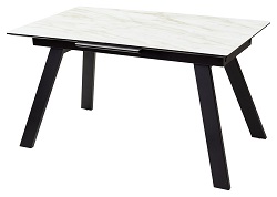 Раздвижной стол со стеклом. Цвет:Бежевый мрамор стекло/черный каркас.