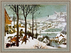 Репродукция картины 'Охотники на снегу' в раме.