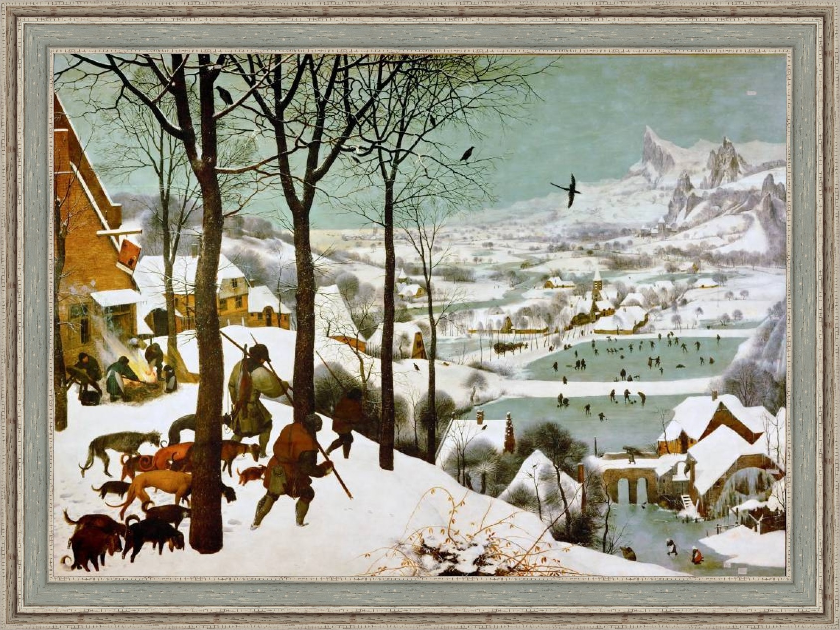 Репродукция картины Питера Брейгеля 'Охотники на снегу' в раме. Вариант 1.