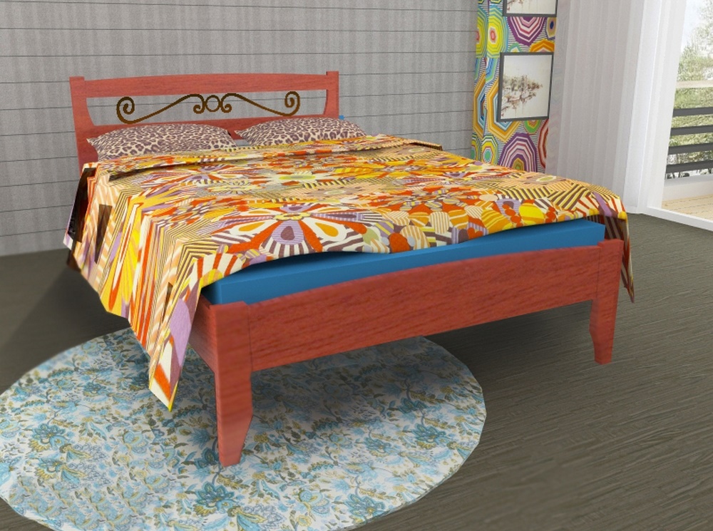 Деревянная кровать с кованным декором. Фото в интерьере