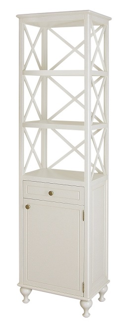 Высокий стеллаж с полками, ящиком и тумбочкой.