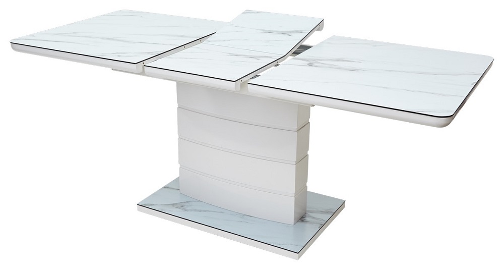 Раскладной стол из МДФ со стеклом. Цвет белый мрамор.
