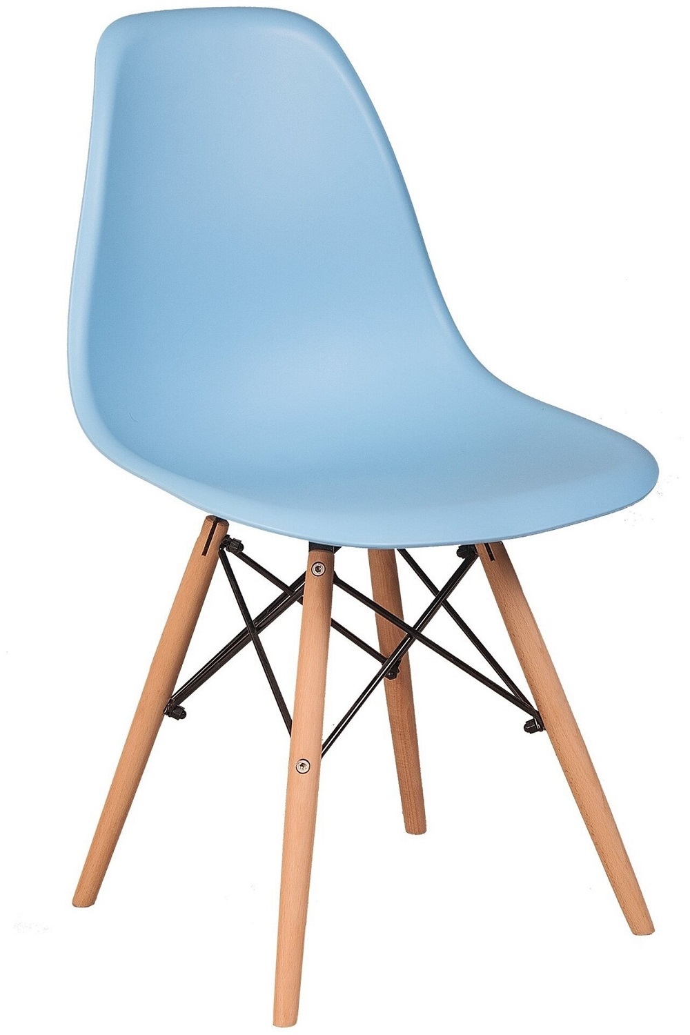Пластиковый стул на деревянном каркасе, цвет голубой.