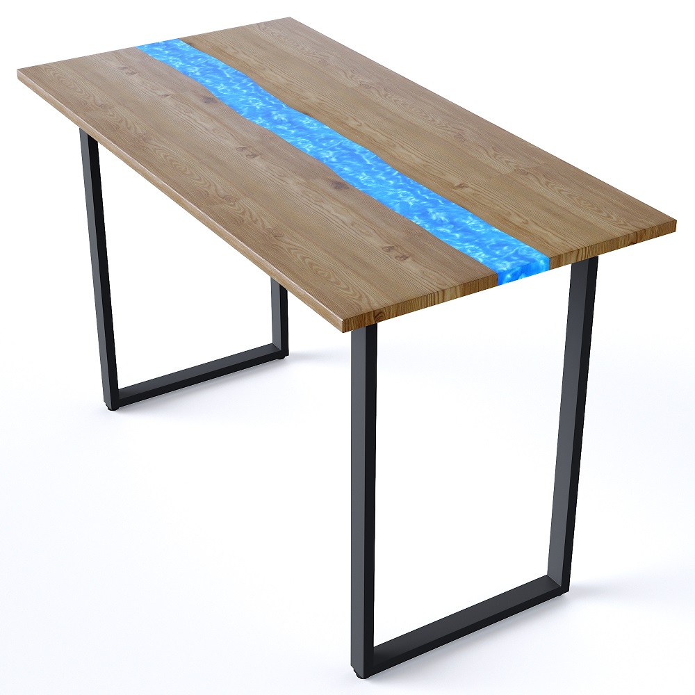 Деревянный стол с эпоксидной смолой. Цвет орех/голубой 04