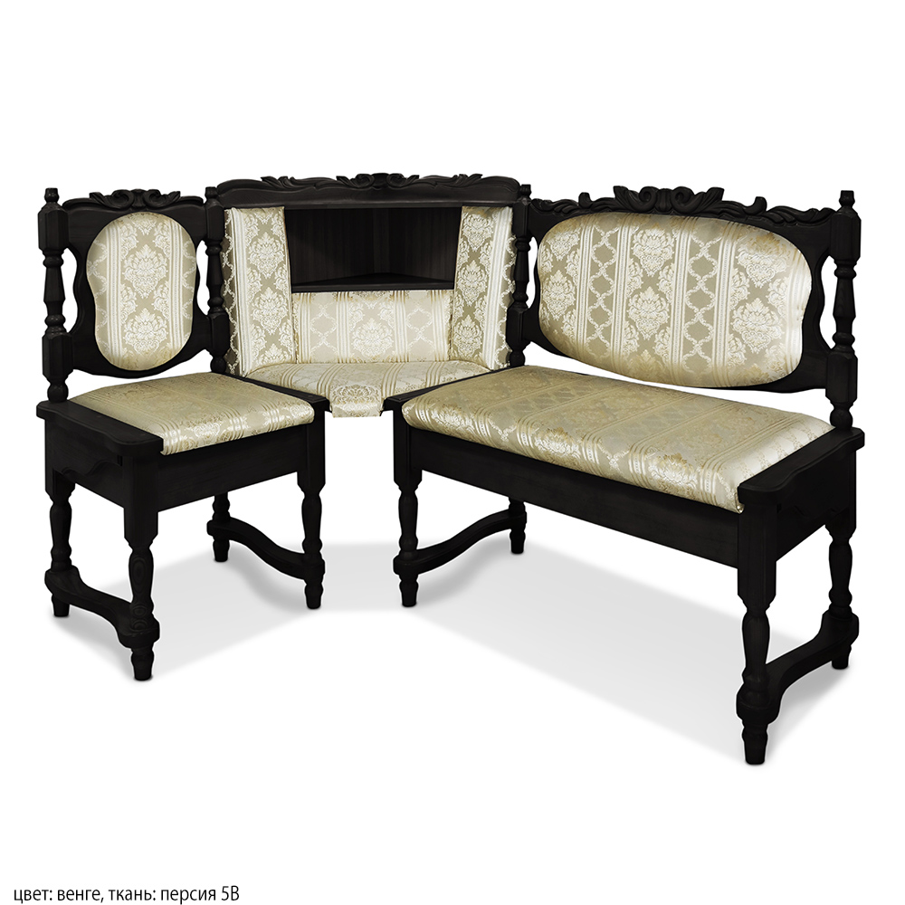 Угловой диван с мягким сиденьем и открытым баром, изготовлен из массива сосны, цвет каркаса венге