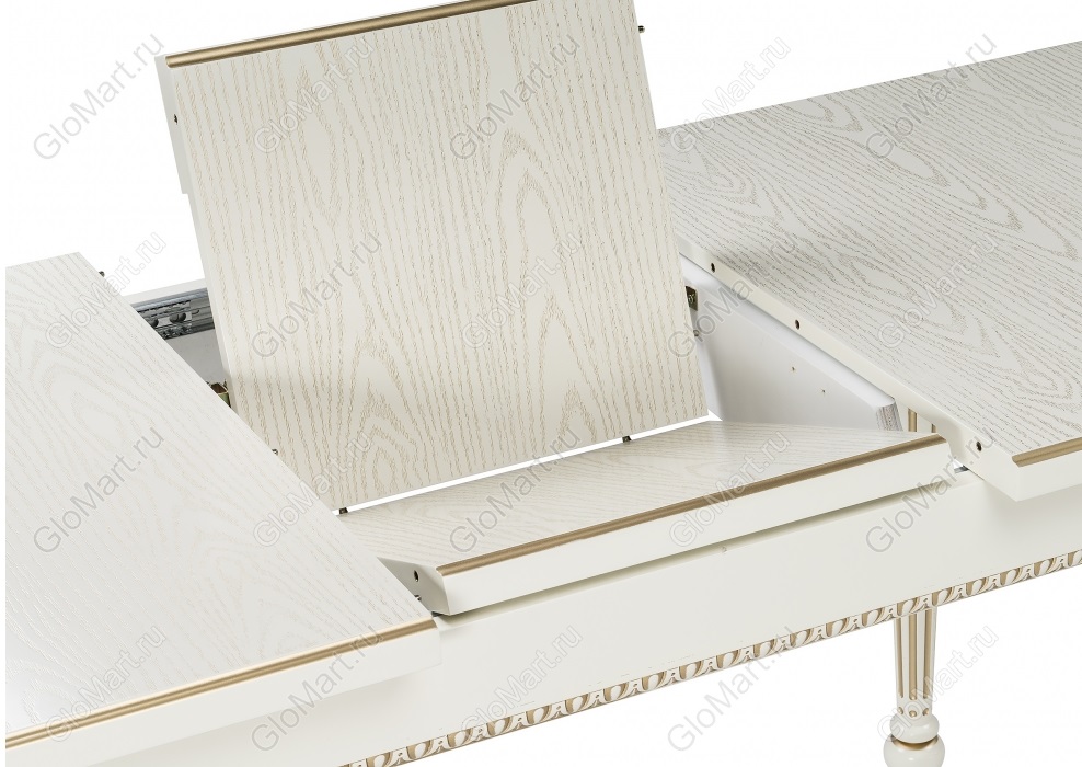 Белый раскладной стол с золотой патиной. Механизм раскладки.
