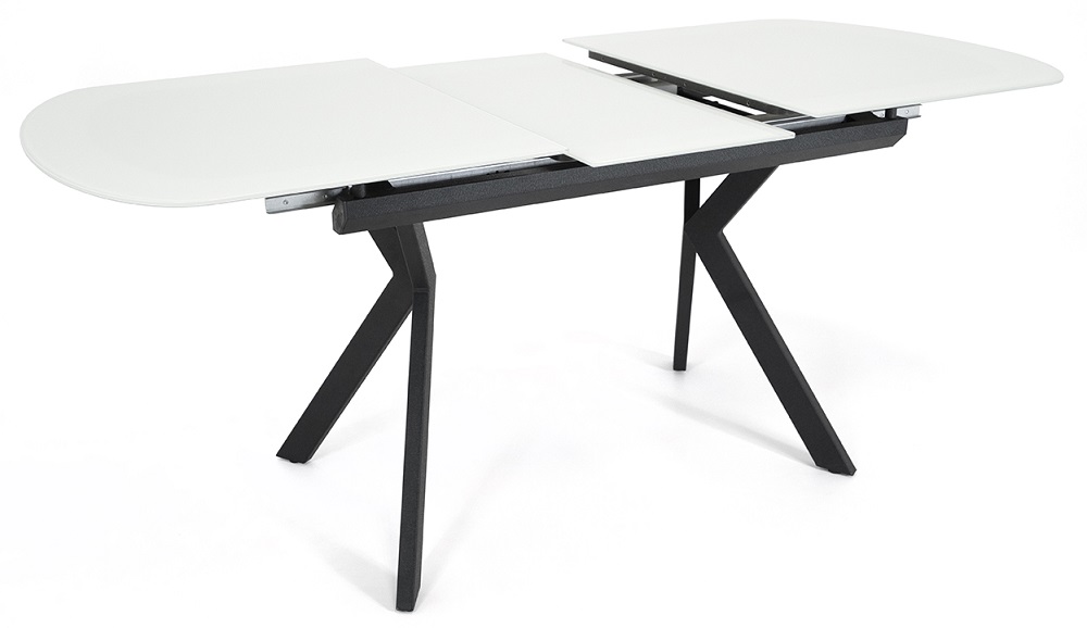 Раздвижной стол со стеклом. Цвет стекла белый, ноги металл, цвет графит.