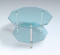 Стол из стекла геометрической формы с подстольем.