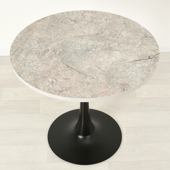 Круглый стол из МДФ/пластик на металлической ножке. Цвет серый камень/черный.