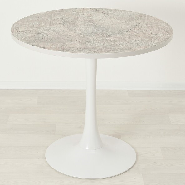 Круглый стол из МДФ/пластик на металлической ножке. Цвет серый камень/белый.