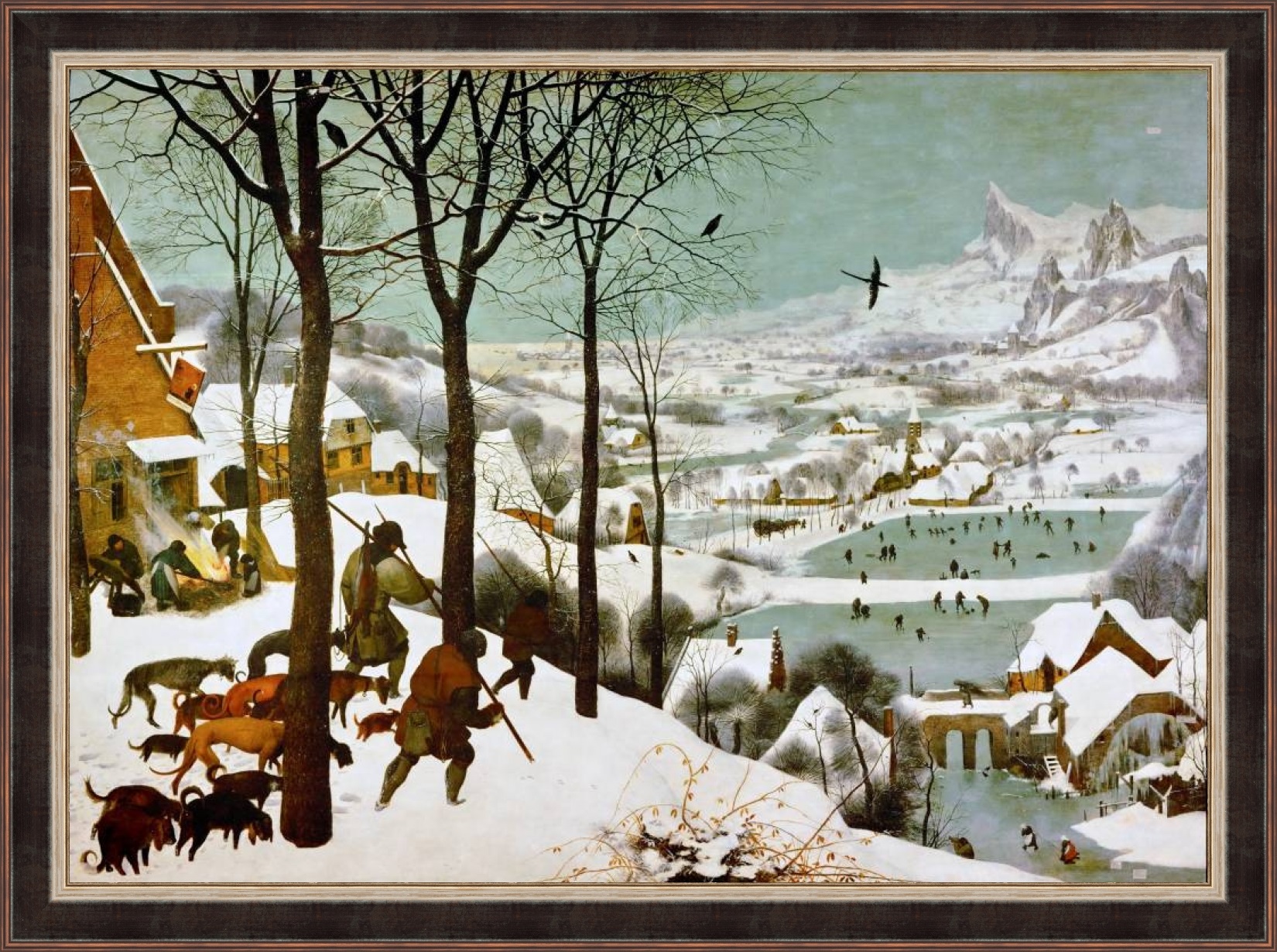 Репродукция картины Питера Брейгеля 'Охотники на снегу' в раме. Вариант 3.