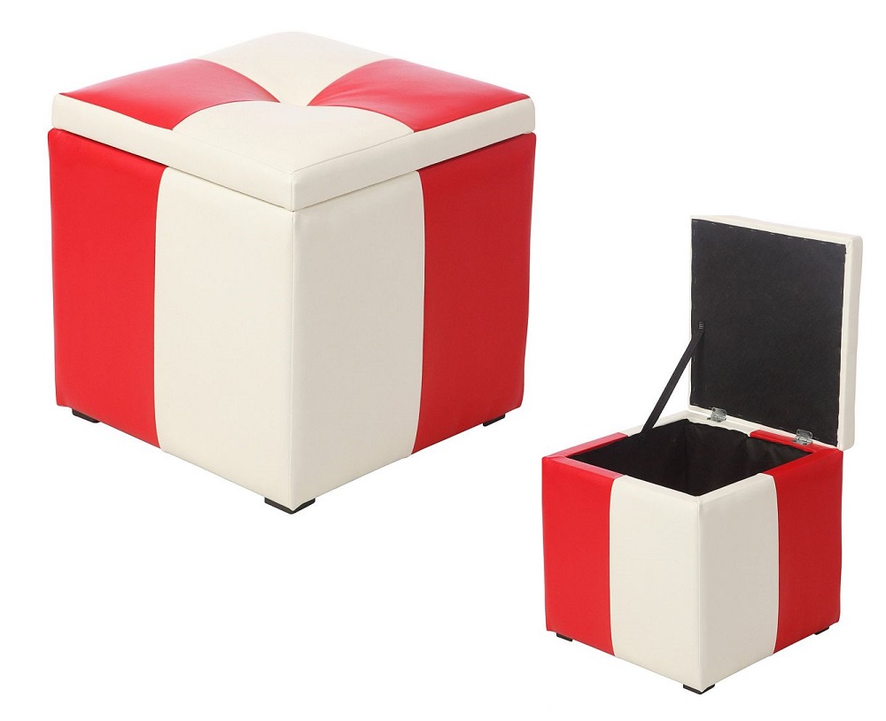 Банкетка из двухцветного кожзама с ящиком. Цвет белый/красный.