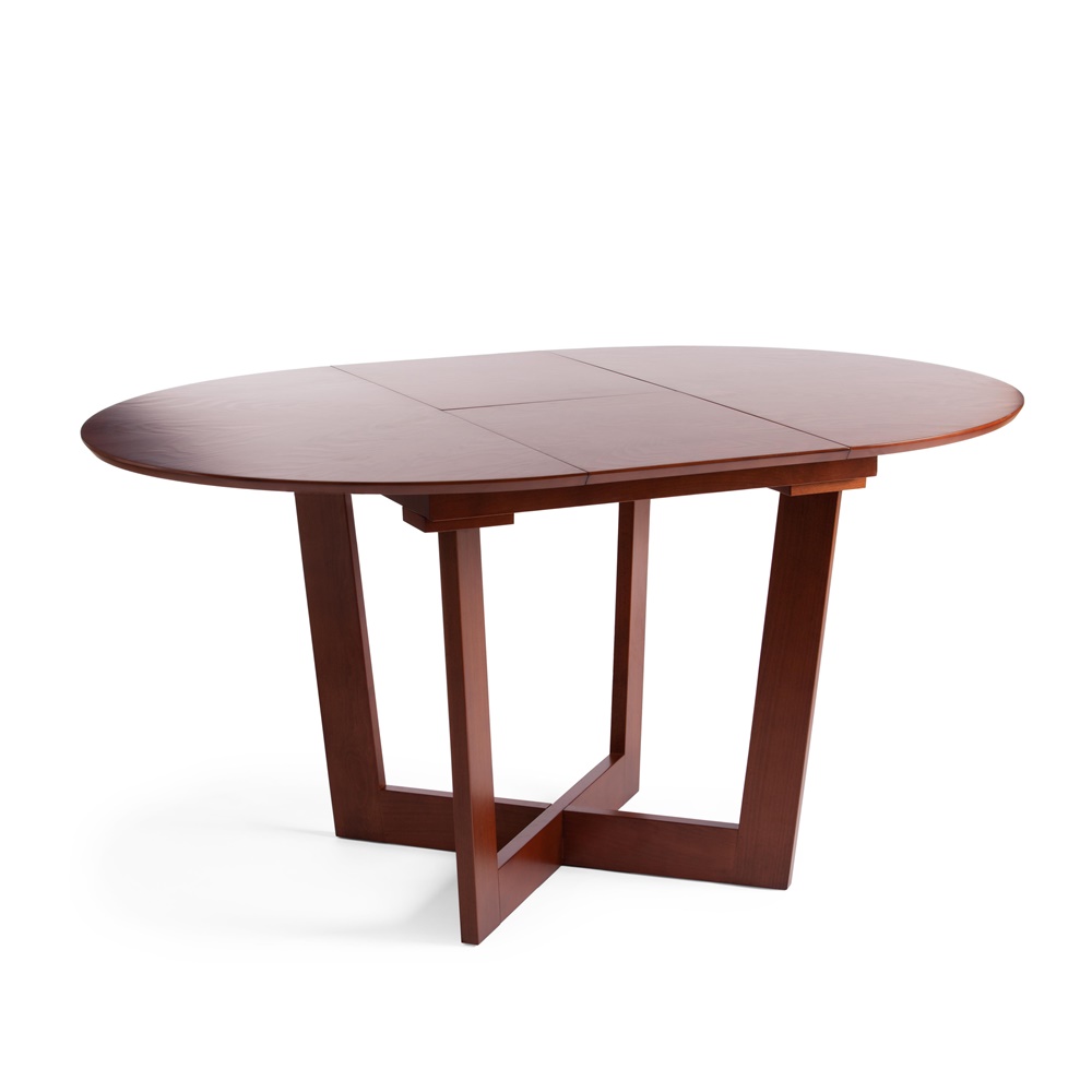 Круглый раскладной стол коричневого цвета. В разложенном виде