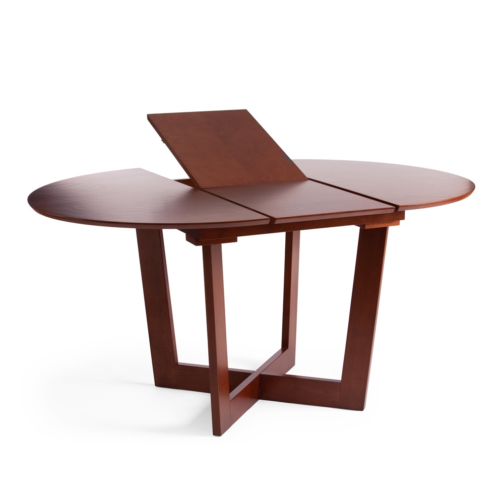 Круглый раскладной стол коричневого цвета. Раскладной механизм вставка бабочка