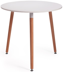 Круглый стол в стиле модерн, белая столешница из МДФ, ножки из натурального дерева