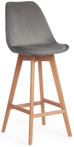 Барный стул на деревянном каркасе, спинка и сиденье мягкие светло-серого цвета