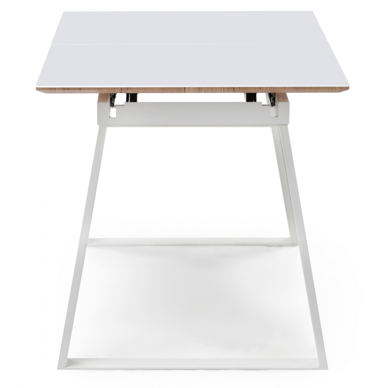 Прямоугольный раскладной стол из стекла и ЛДСП, на металлокаркасе. Цвет столешницы белый. Вид сбоку.