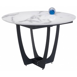 Круглый обеденный стол раскладной на металлокаркасе со стеклянной столешницей под белый мрамор.