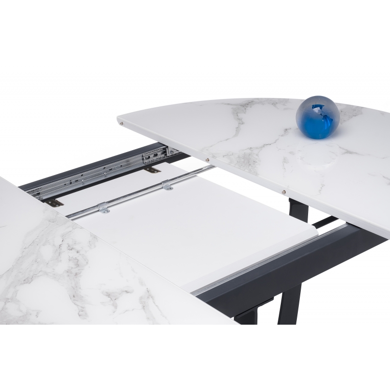 Круглый обеденный стол раскладной на металлокаркасе со стеклянной столешницей под белый мрамор. Механизм раскладывания.