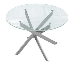 Стеклянный стол на хромированной скрещенной опоре.