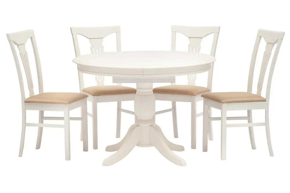 Белый круглый обеденный стол. Фото со стульями. 