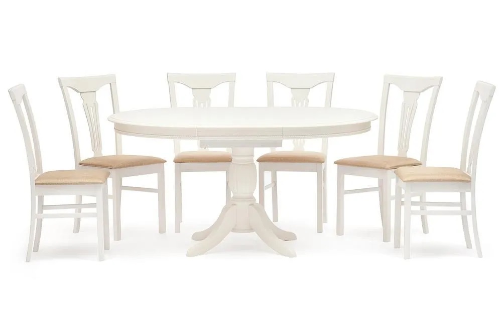 Белый раскладной обеденный стол. Фото со стульями. 