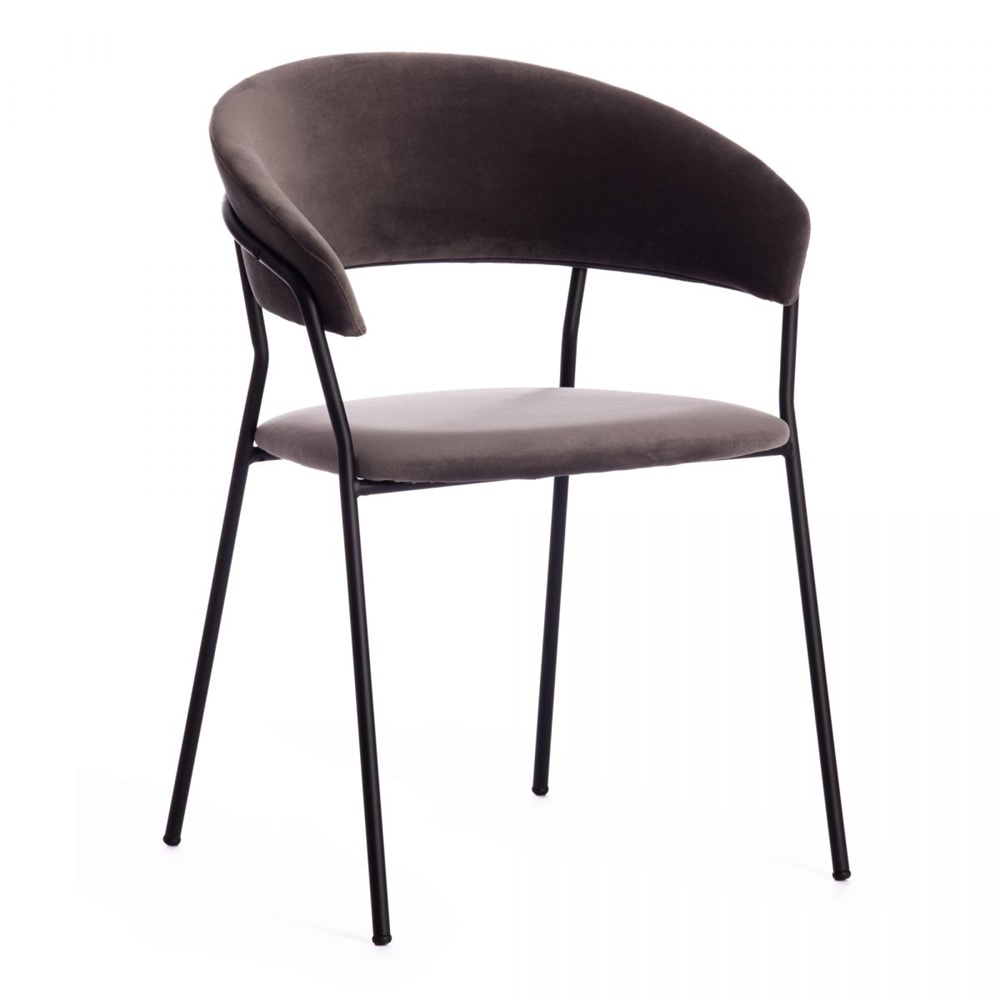 Кресло с полукруглой спинкой, каркас металлический черного цвета, обивка вельвет серо-коричневого цвета