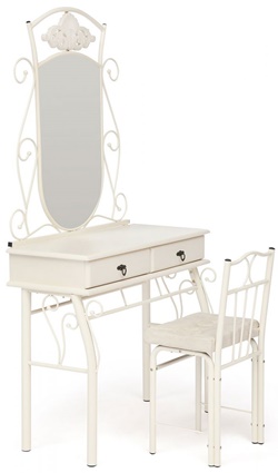 Туалетный столик с зеркалом из металла и дерева, стул в комплекте, цвет белый