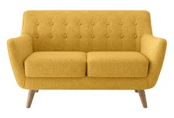 Двухместный нераскладной диван из ткани на деревянных ножках. Цвет горчичный.