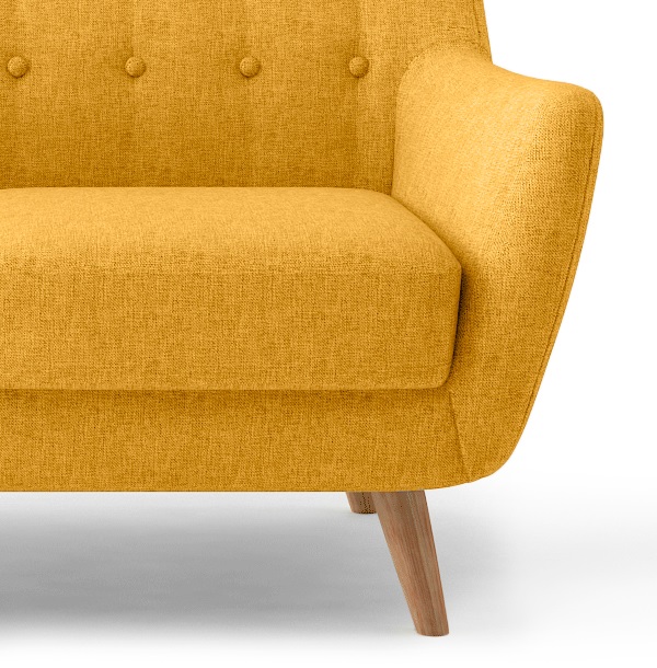Двухместный нераскладной диван из ткани на деревянных ножках. Цвет горчичный.