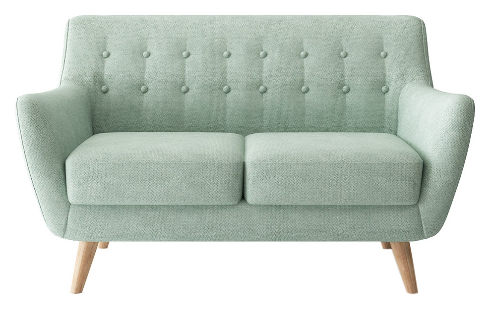 Двухместный нераскладной диван из ткани на деревянных ножках. Цвет бирюзовый.