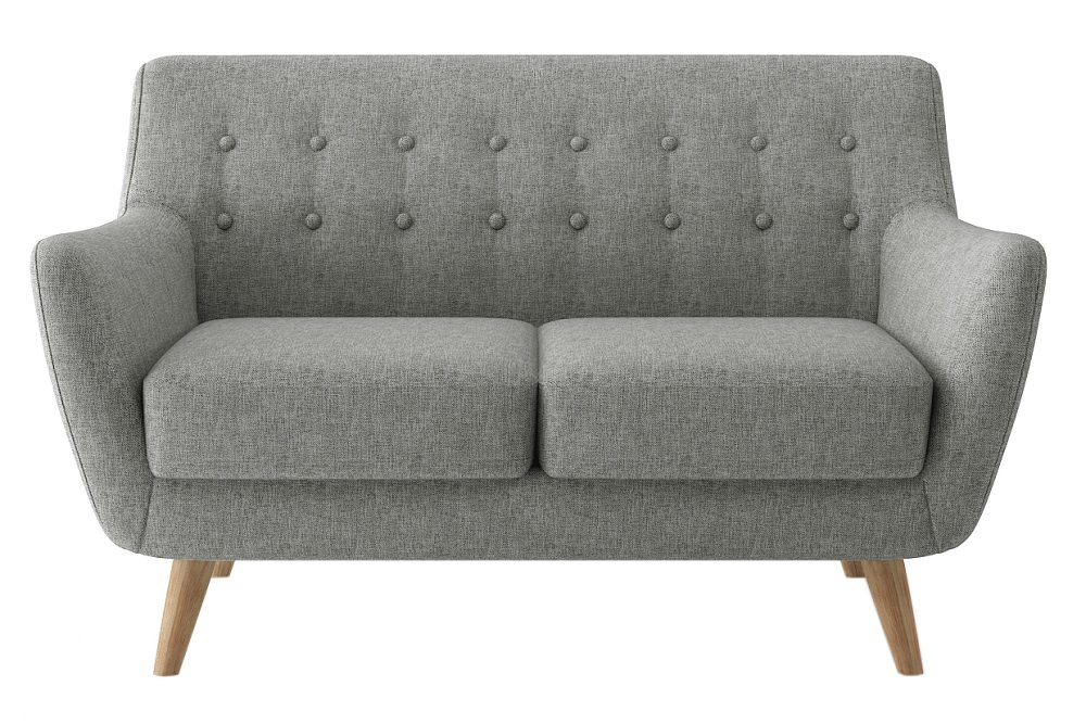 Двухместный нераскладной диван из ткани на деревянных ножках. Цвет серый.