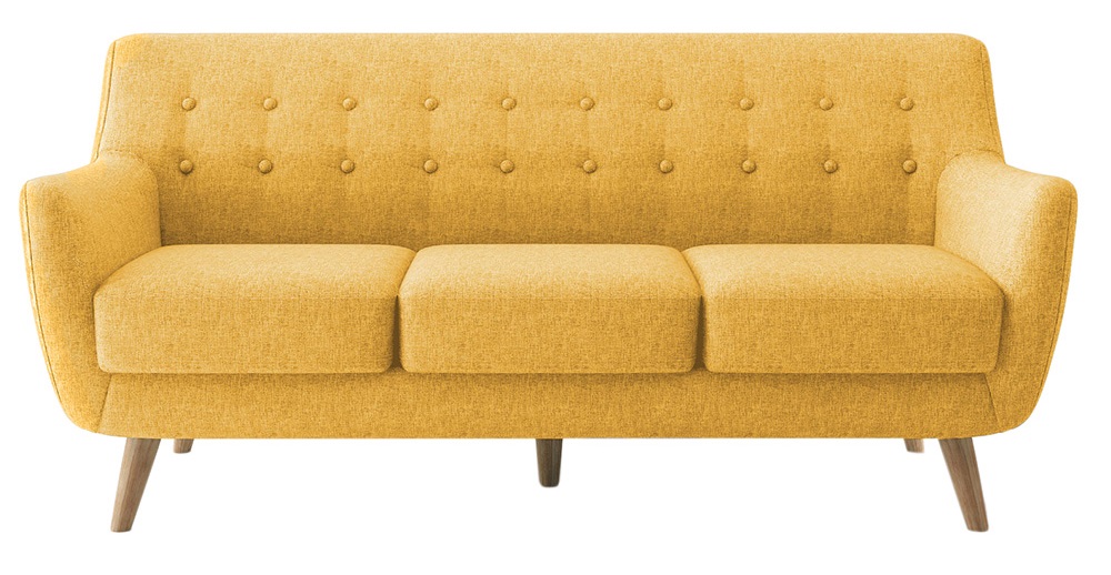 Трехместный нераскладной диван из ткани на деревянных ножках. Цвет горчичный.
