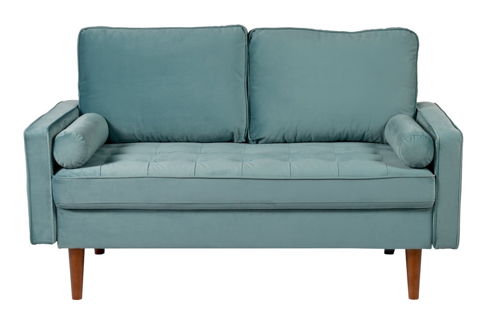 Двухместный нераскладной диван из ткани на деревянных ножках. Цвет серо-голубой.
