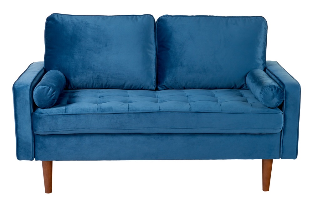 Двухместный нераскладной диван из ткани на деревянных ножках. Цвет синий.