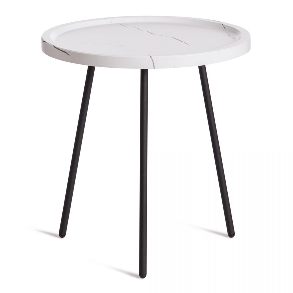 Круглый кофейный столик, столешница МДФ, ножки металл, цвет: белый мрамор/черный