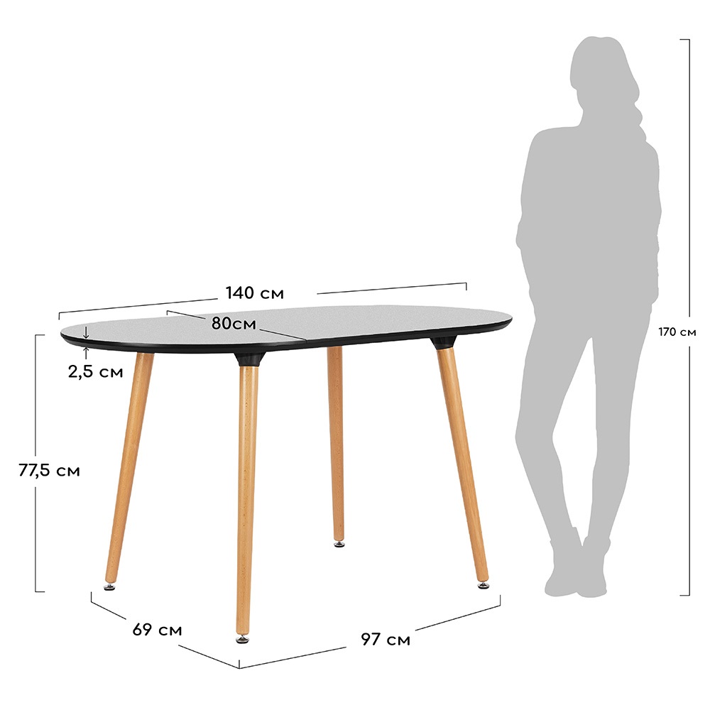 Овальный обеденный стол из МДФ и пластика. Размеры.
