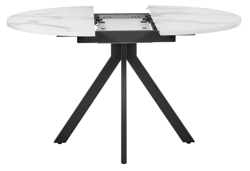 Круглый раскладной стол из ЛДСП и пластика. Цвет белый мрамор.