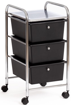 Столик c 3-мя ящиками для хранения, изготовлен из хромированного металла и черного пластика
