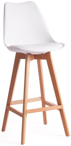 Барный стул на деревянном каркасе, цельная спинка и сиденье из пластика белого цвета, мягкая накладка на сиденье из полиуретана