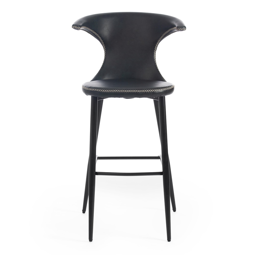 Барный стул с оригинальной спинкой, обит экокожей зеленого цвета, каркас металлический черного цвета