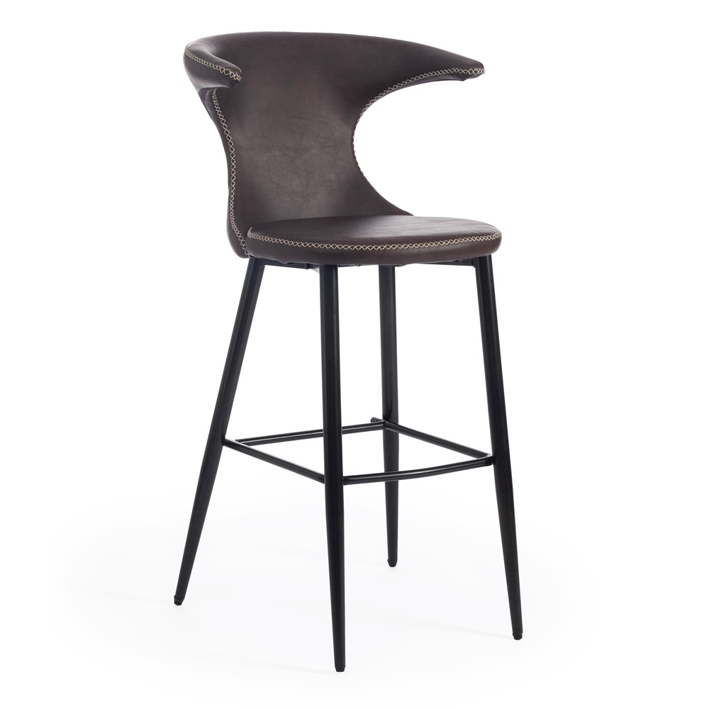 Барный стул с оригинальной спинкой, обит экокожей коричневого цвета, каркас металлический черного цвета