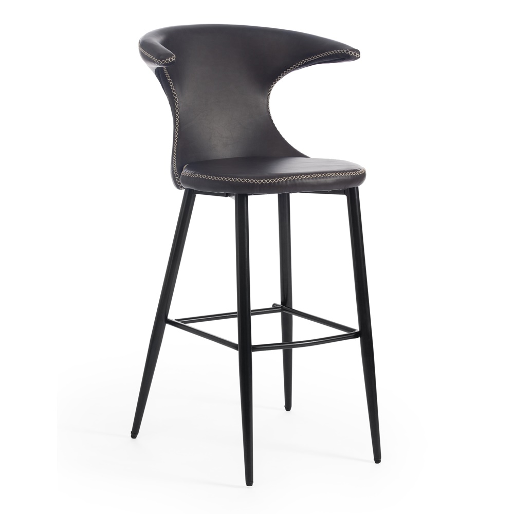 Барный стул с оригинальной спинкой, обит экокожей серого цвета, каркас металлический черного цвета