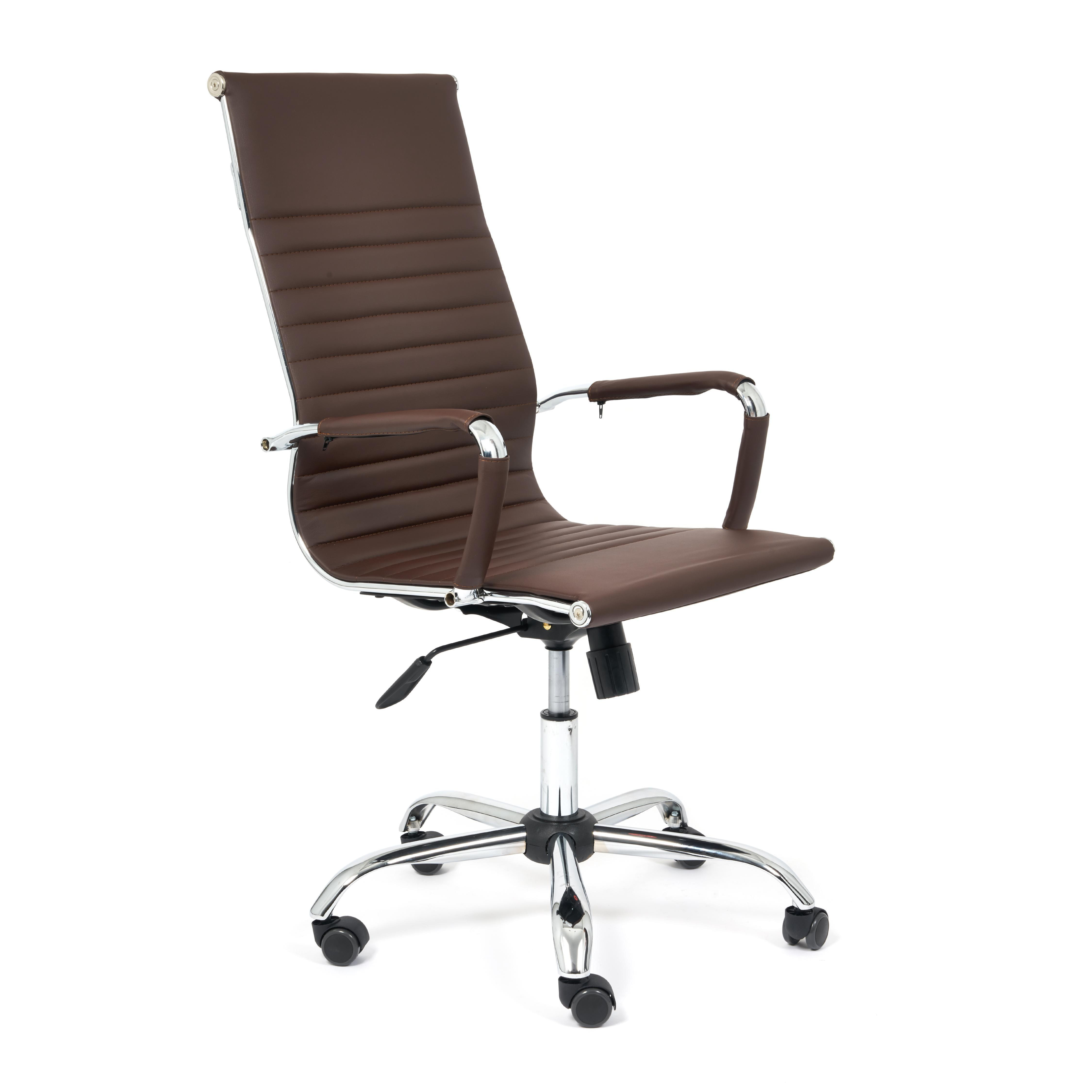 Офисное кресло с подлокотниками на металлокаркасе, обивка кож. зам коричневого цвета