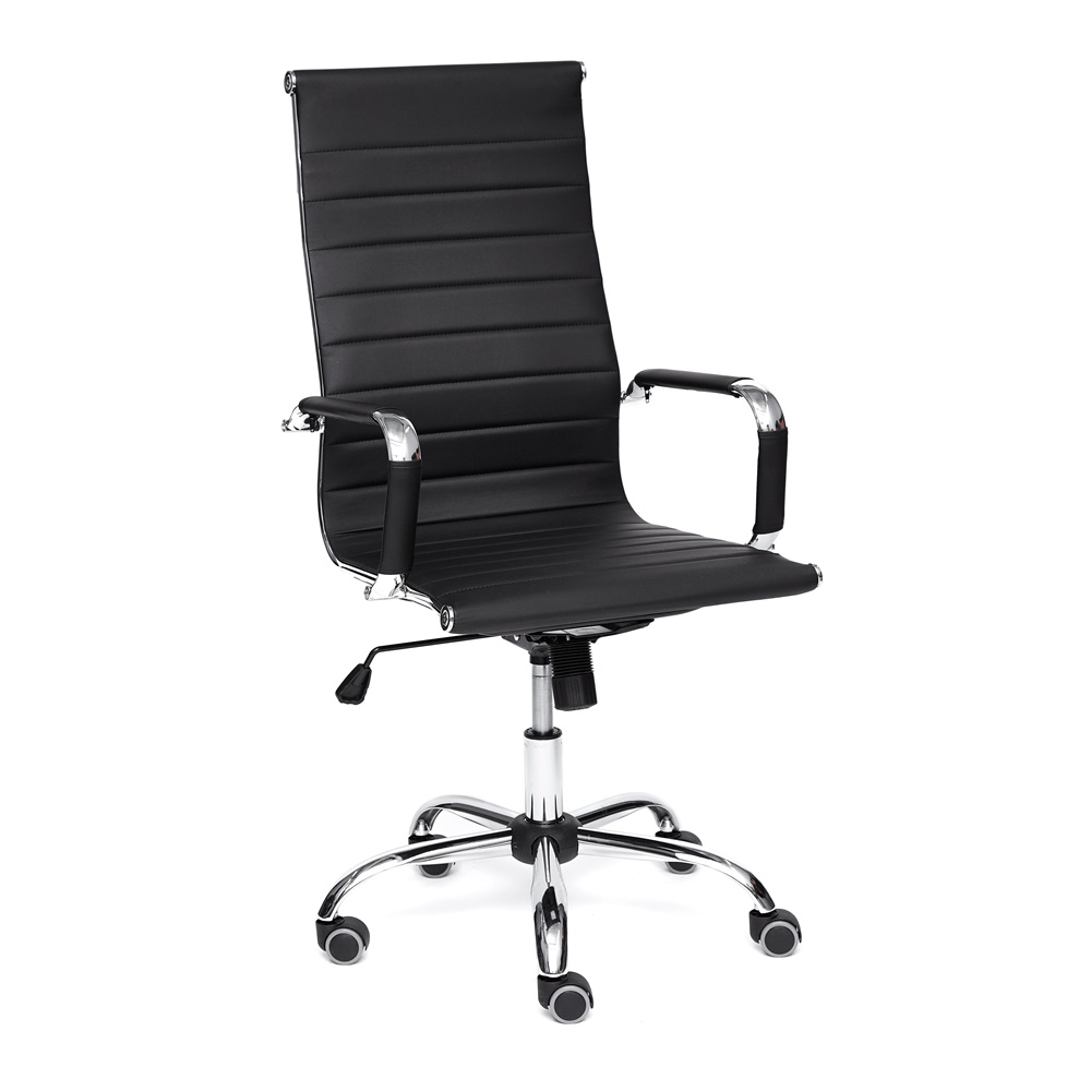 Офисное кресло с подлокотниками на металлокаркасе, обивка кож. зам черного цвета