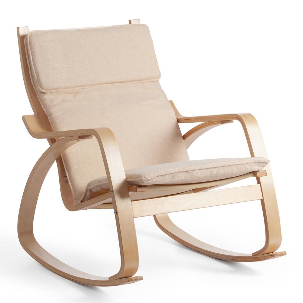 Кресло-качалка на деревянном каркасе с мягкой подушкой бежевого цвета
