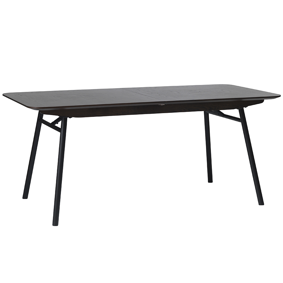 Раскладной обеденный стол, столешница из МДФ коричневого цвета, опоры металлические черного цвета